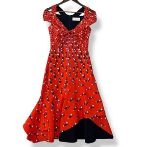 Peter Pilotto Dress 4 Minnie Red Orange Polka Dot High Low Ruffle Designer Artsy
